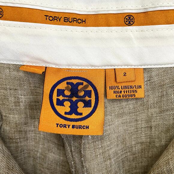 Tory Burch 100% Linen Pants Beige Wide Leg Sz 2 Logo Button Summer Luxury Y2K - Picture 4 of 8
